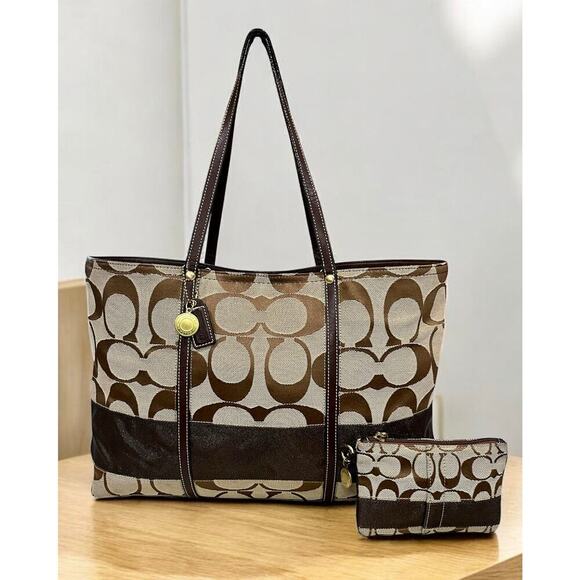 Y2K Coach 11099 Legacy Signature Stripe Large Tote & 40028 Signature Wristlet - Picture 1 of 16